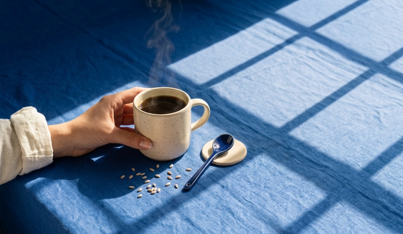 Dampfende Tasse Kaffee mit Löffel auf einer Steinfläche vor kobaltblauer Wand