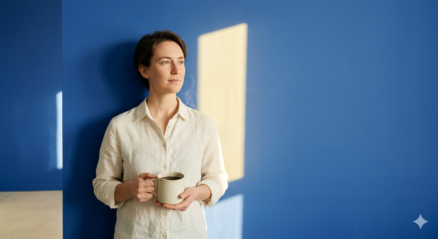 Person hält eine Tasse Getreidekaffee vor kobaltblauer Wand